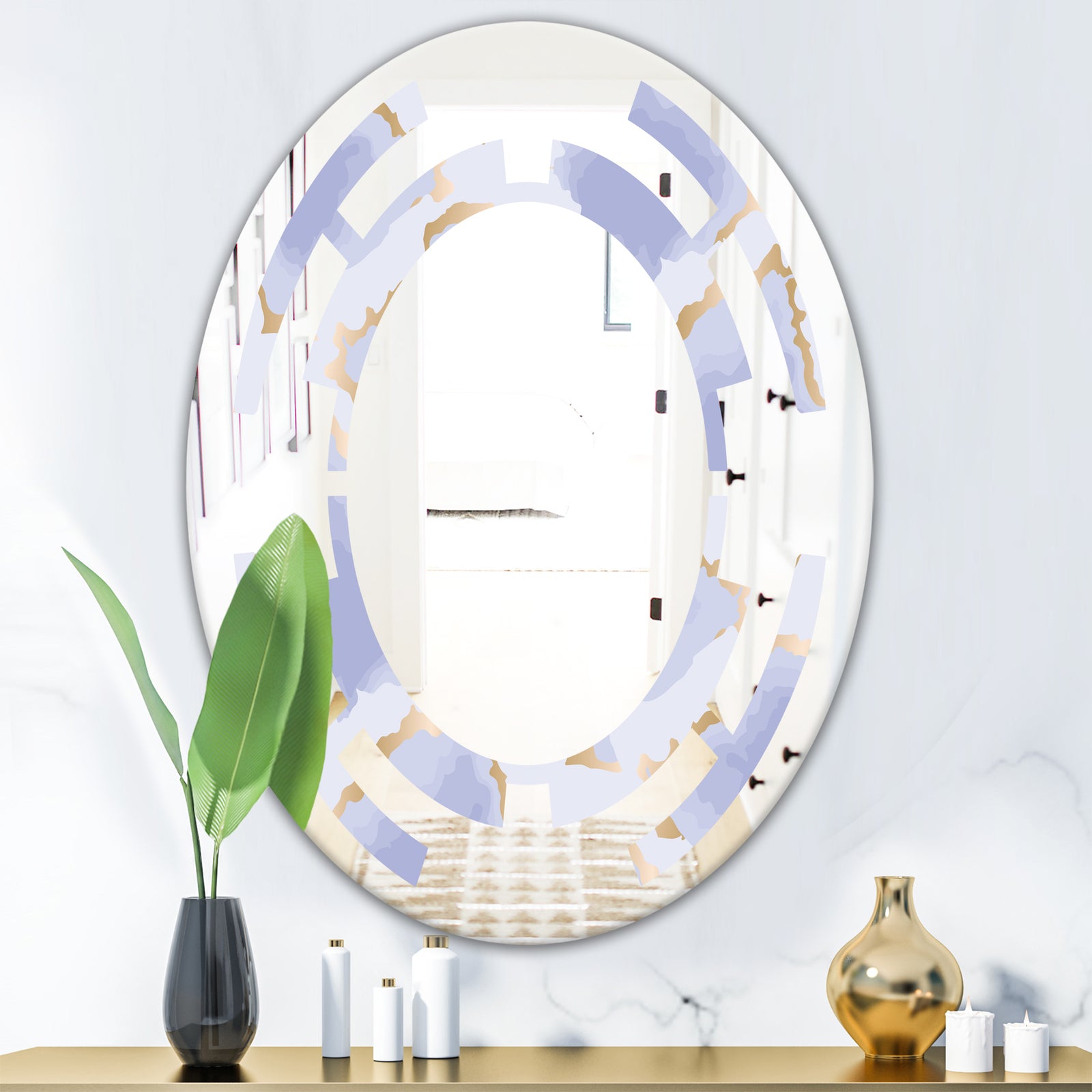Pastel blue and gold abstract shapes pattern - Modern Round or Oval Wall Mirror - Space