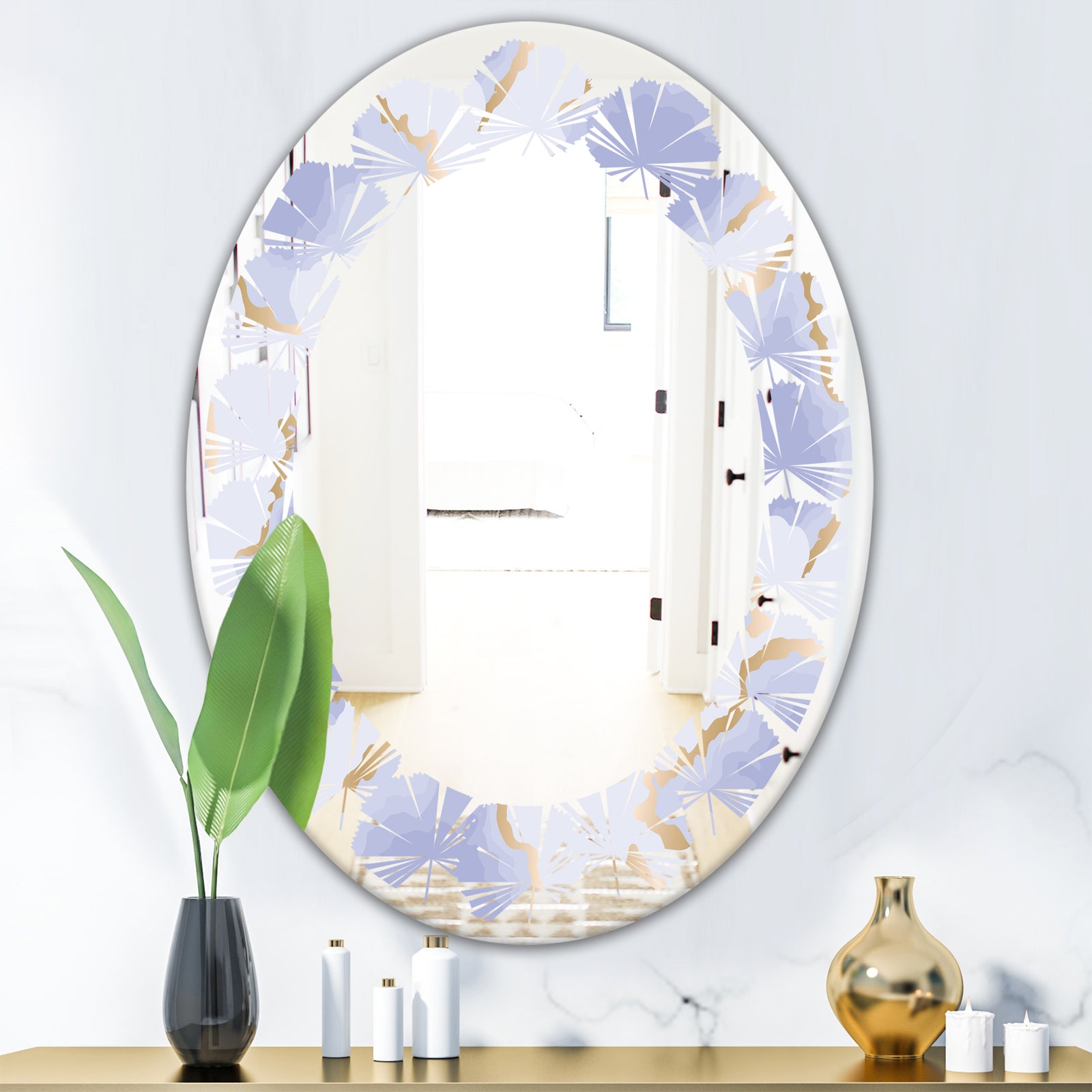 Pastel blue and gold abstract shapes pattern - Modern Round or Oval Wall Mirror - Leaves
