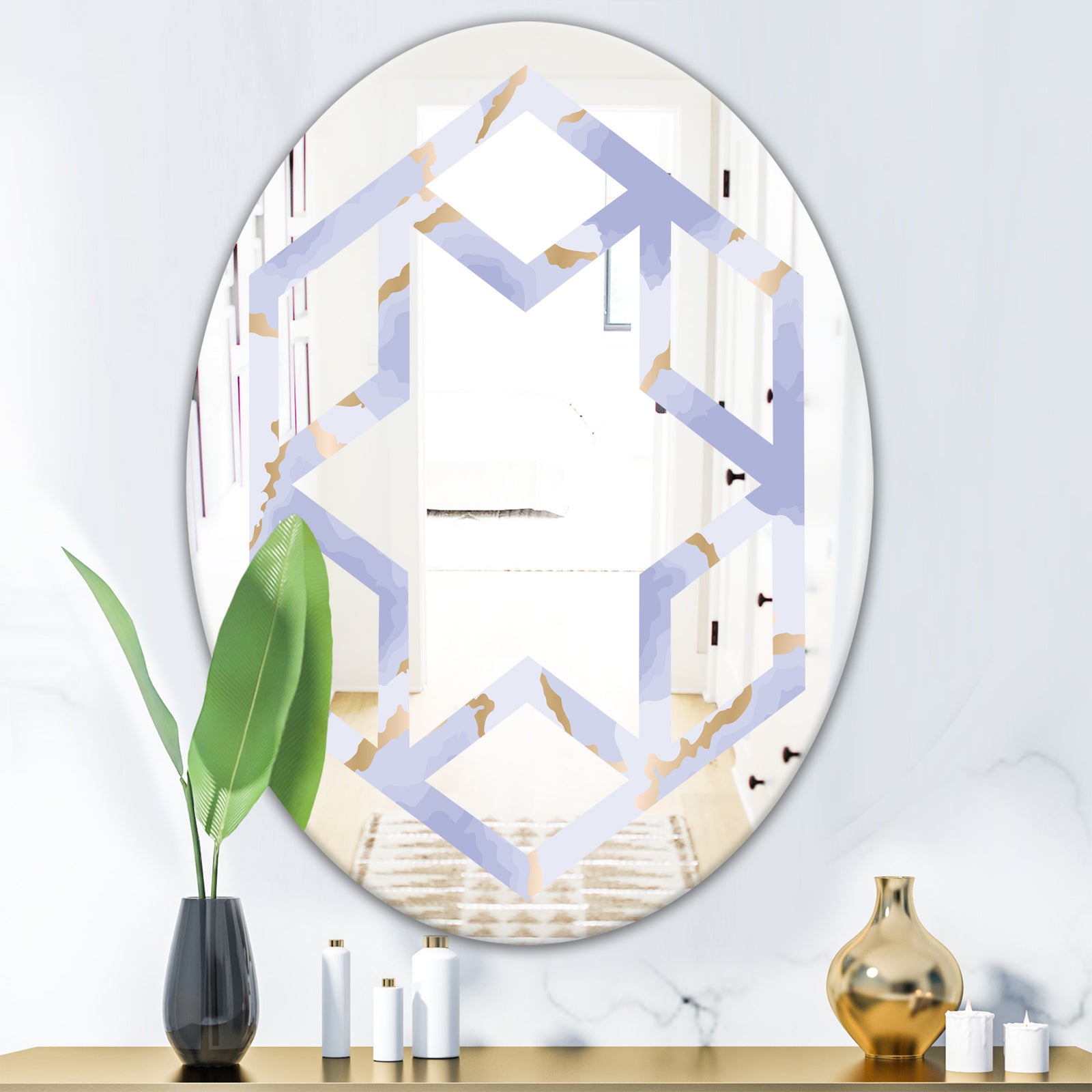 Pastel blue and gold abstract shapes pattern - Modern Round or Oval Wall Mirror - Hexagon Star
