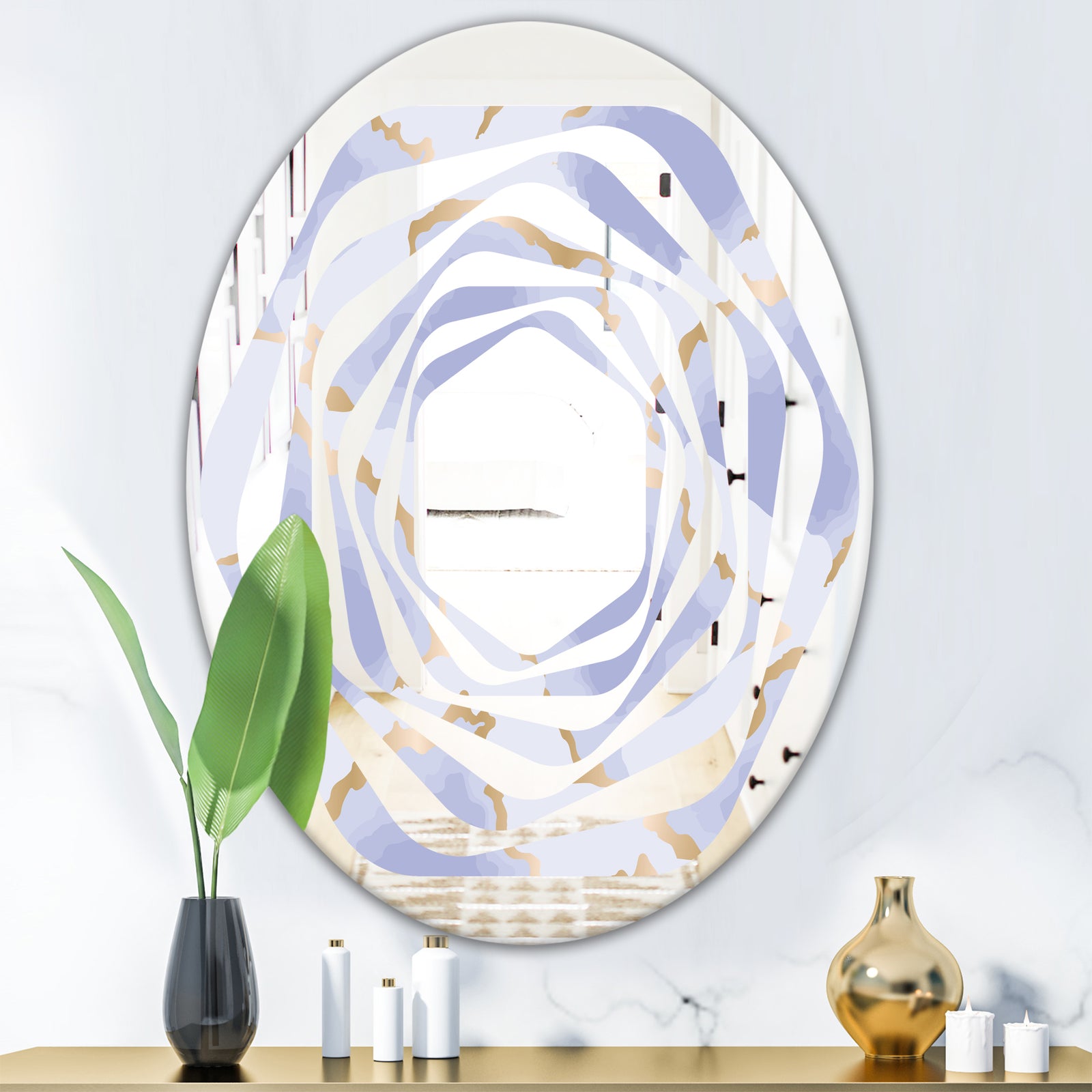 Pastel blue and gold abstract shapes pattern - Modern Round or Oval Wall Mirror - Whirl