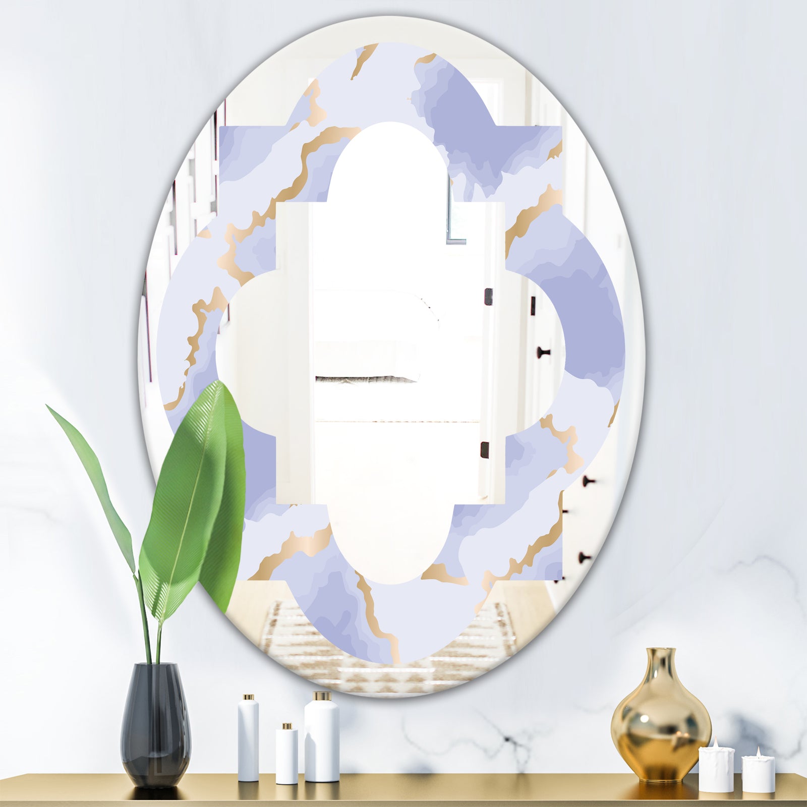 Pastel blue and gold abstract shapes pattern - Modern Round or Oval Wall Mirror - Quatrefoil