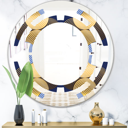 Retro Luxury Waves In Gold and Blue II - Modern Round or Oval Wall Mirror - Space