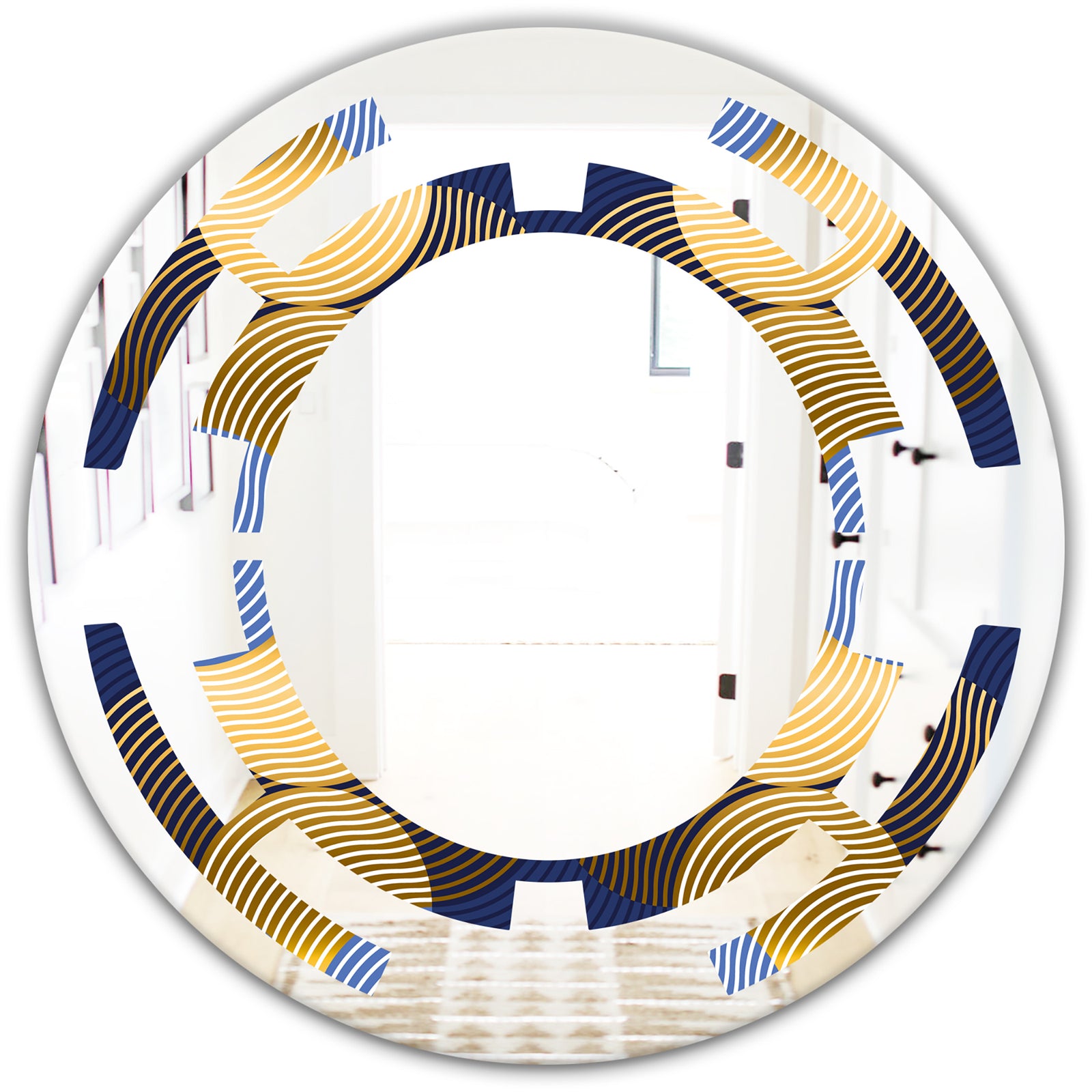 Retro Luxury Waves In Gold and Blue II - Modern Round or Oval Wall Mirror - Space