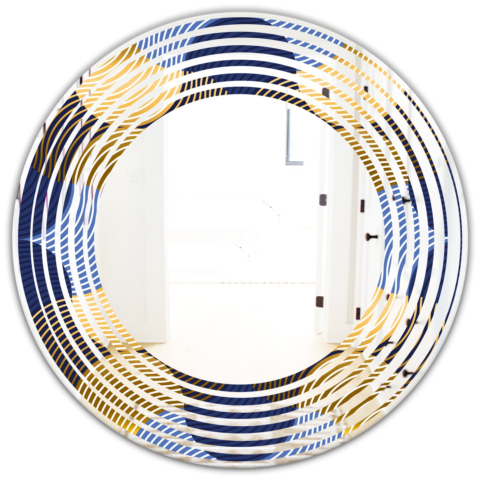 Retro Luxury Waves In Gold and Blue II - Modern Round or Oval Wall Mirror - Wave