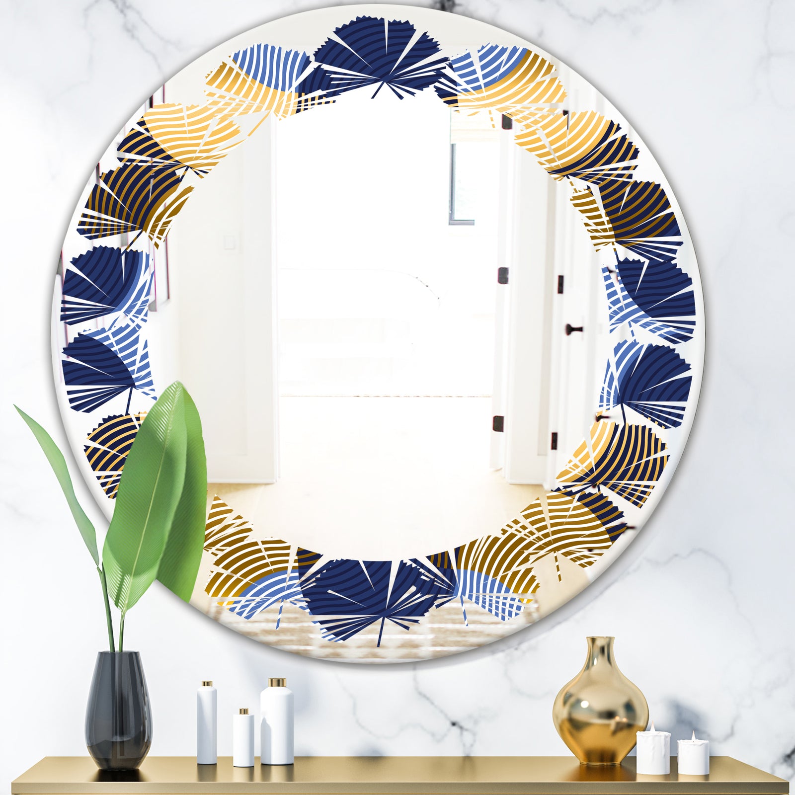 Retro Luxury Waves In Gold and Blue II - Modern Round or Oval Wall Mirror - Leaves