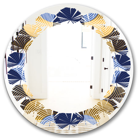 Retro Luxury Waves In Gold and Blue II - Modern Round or Oval Wall Mirror - Leaves