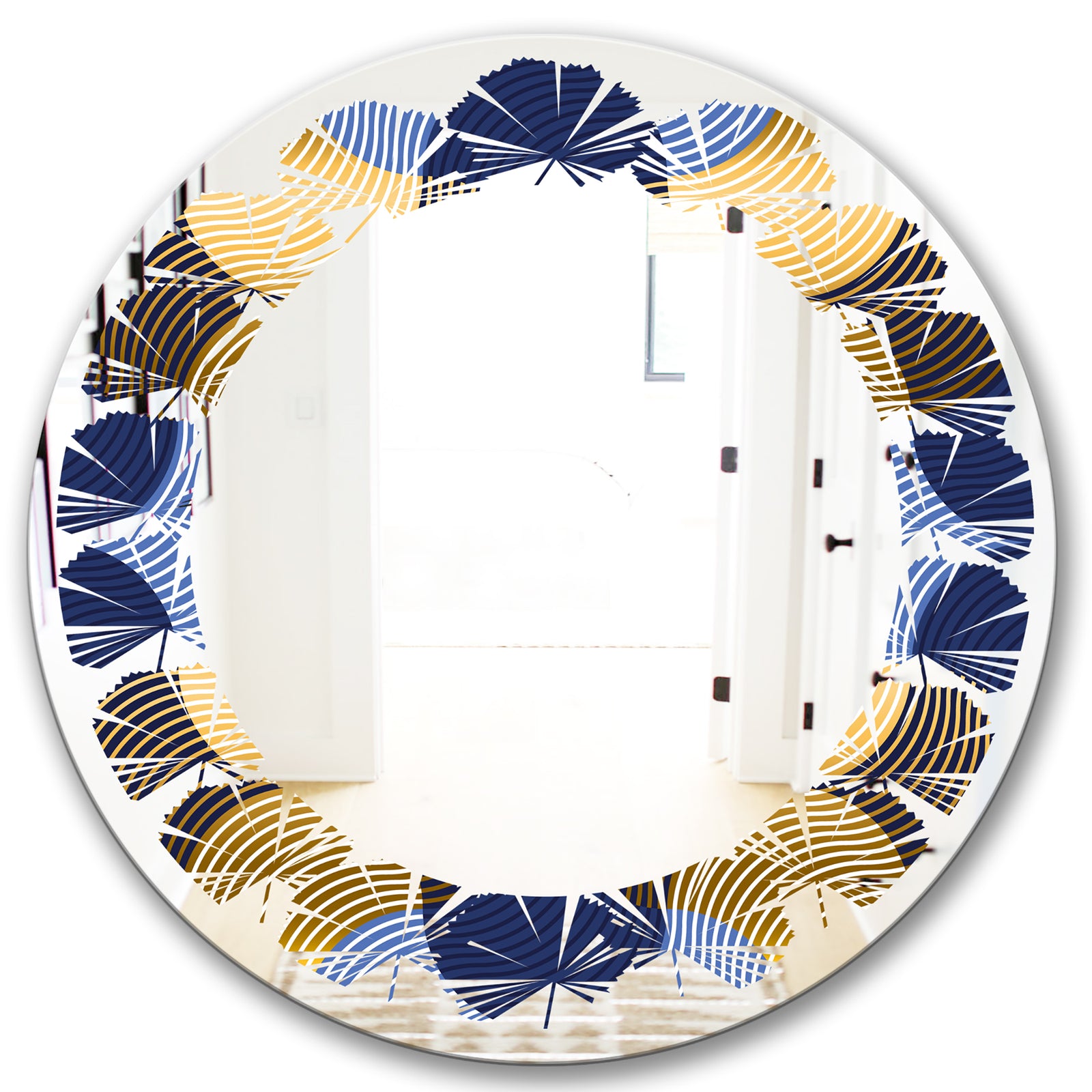 Retro Luxury Waves In Gold and Blue II - Modern Round or Oval Wall Mirror - Leaves