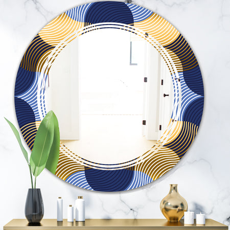 Retro Luxury Waves In Gold and Blue II - Modern Round or Oval Wall Mirror - Triple C