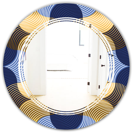 Retro Luxury Waves In Gold and Blue II - Modern Round or Oval Wall Mirror - Triple C