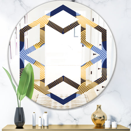 Retro Luxury Waves In Gold and Blue II - Modern Round or Oval Wall Mirror - Hexagon Star
