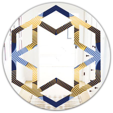Retro Luxury Waves In Gold and Blue II - Modern Round or Oval Wall Mirror - Hexagon Star