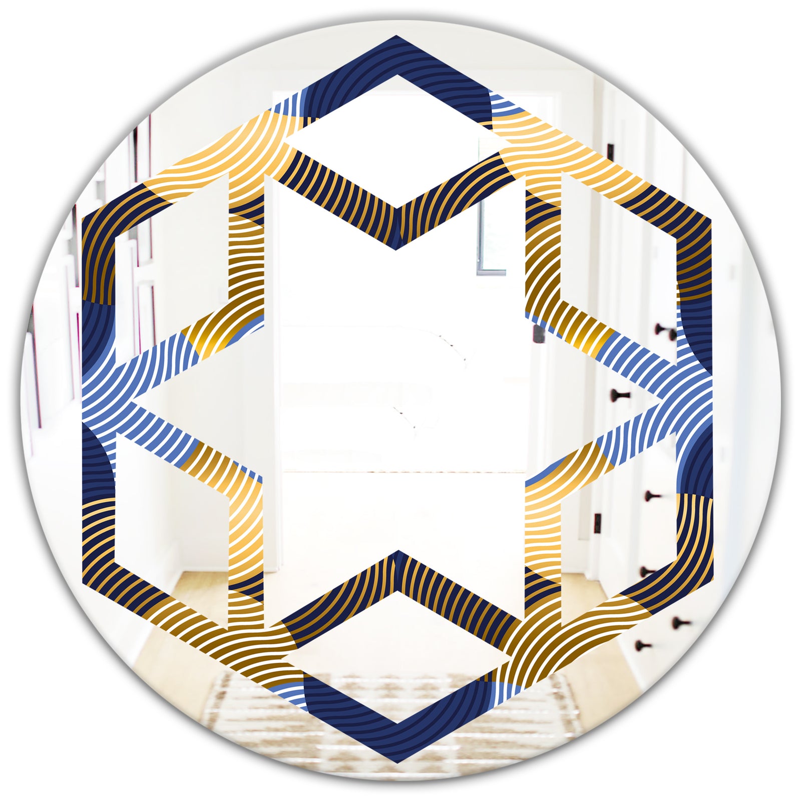 Retro Luxury Waves In Gold and Blue II - Modern Round or Oval Wall Mirror - Hexagon Star