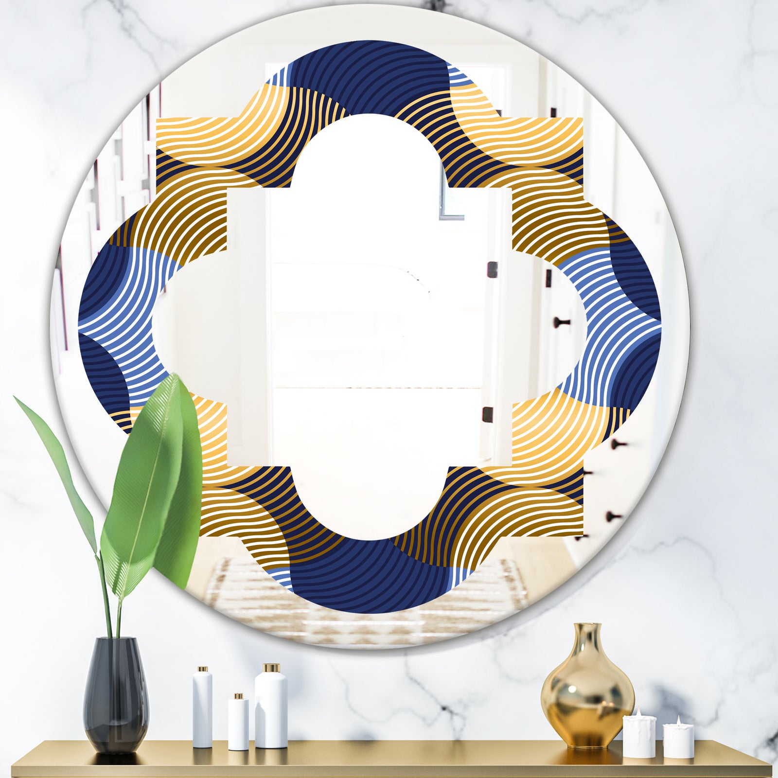 Retro Luxury Waves In Gold and Blue II - Modern Round or Oval Wall Mirror - Quatrefoil