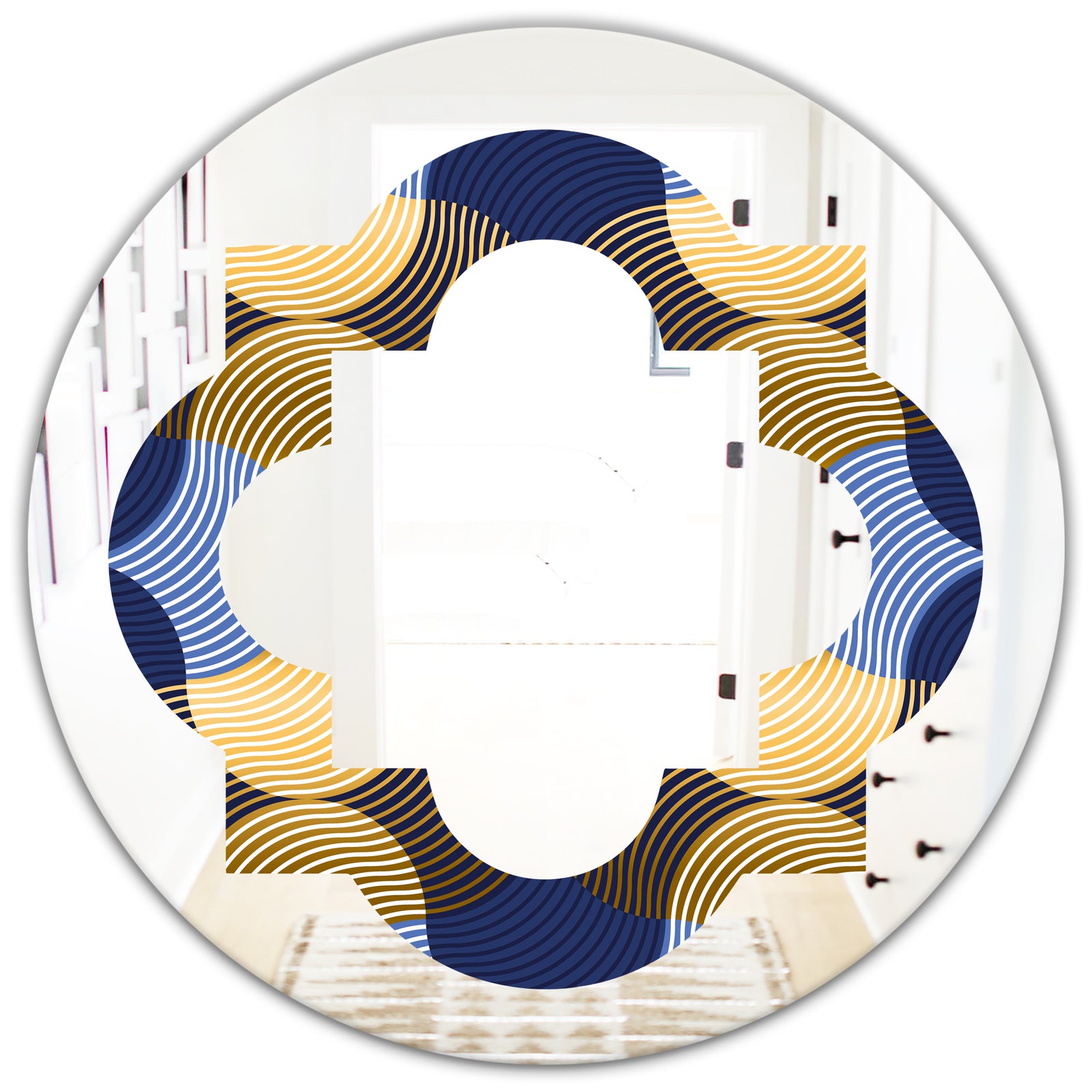 Retro Luxury Waves In Gold and Blue II - Modern Round or Oval Wall Mirror - Quatrefoil