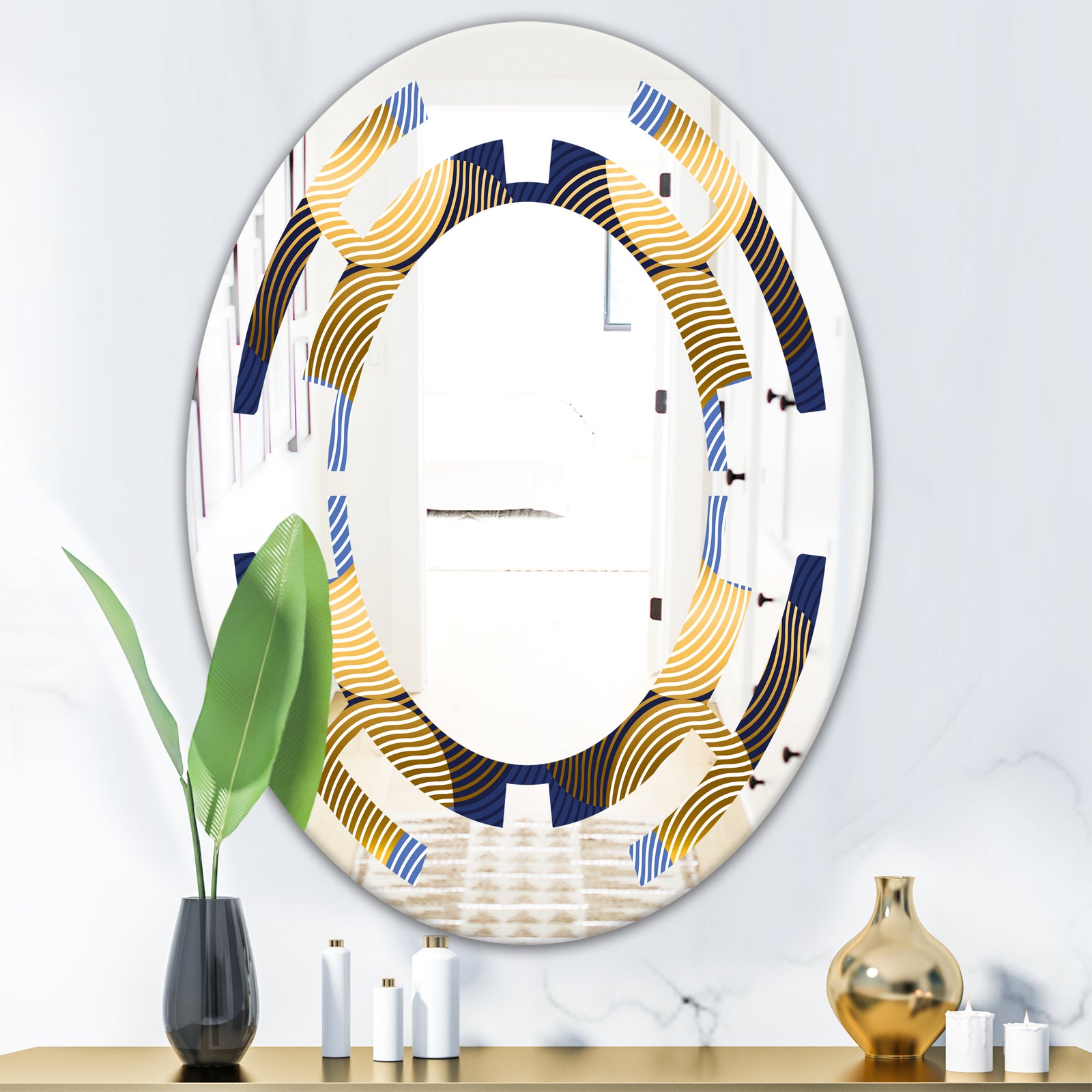 Retro Luxury Waves In Gold and Blue II - Modern Round or Oval Wall Mirror - Space