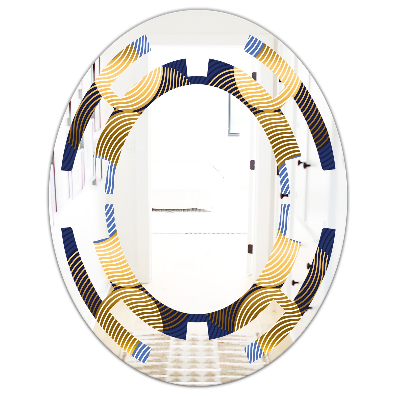 Retro Luxury Waves In Gold and Blue II - Modern Round or Oval Wall Mirror - Space