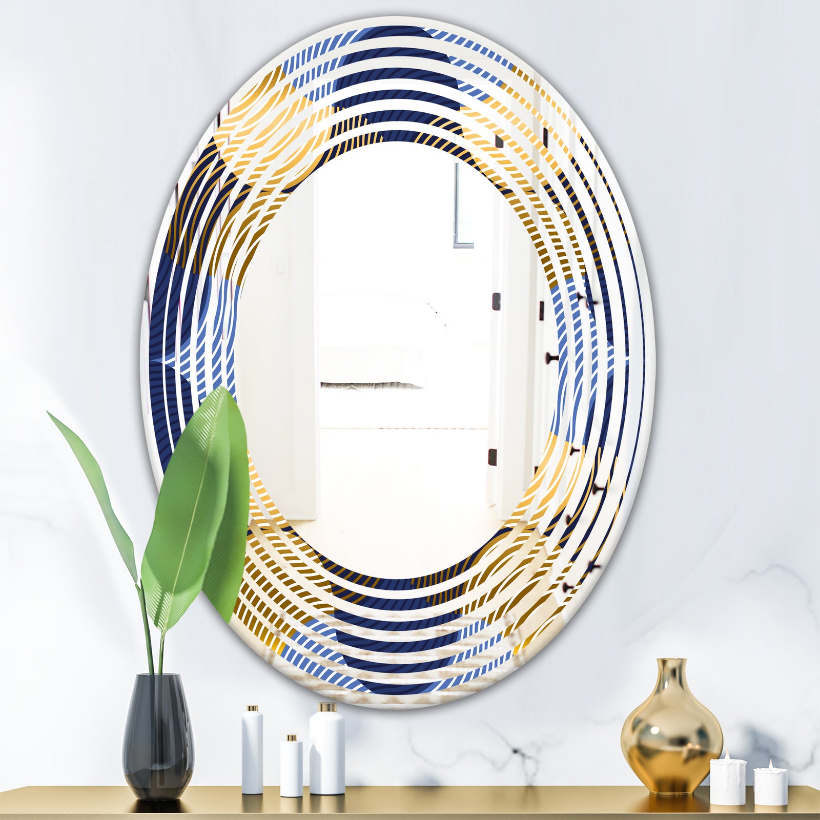 Retro Luxury Waves In Gold and Blue II - Modern Round or Oval Wall Mirror - Wave