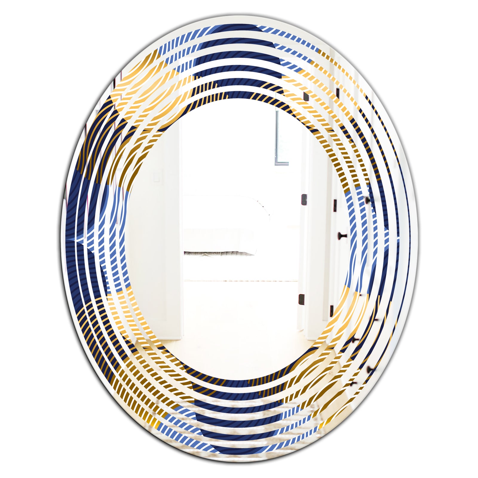 Retro Luxury Waves In Gold and Blue II - Modern Round or Oval Wall Mirror - Wave
