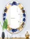 Retro Luxury Waves In Gold and Blue II - Modern Round or Oval Wall Mirror - Leaves