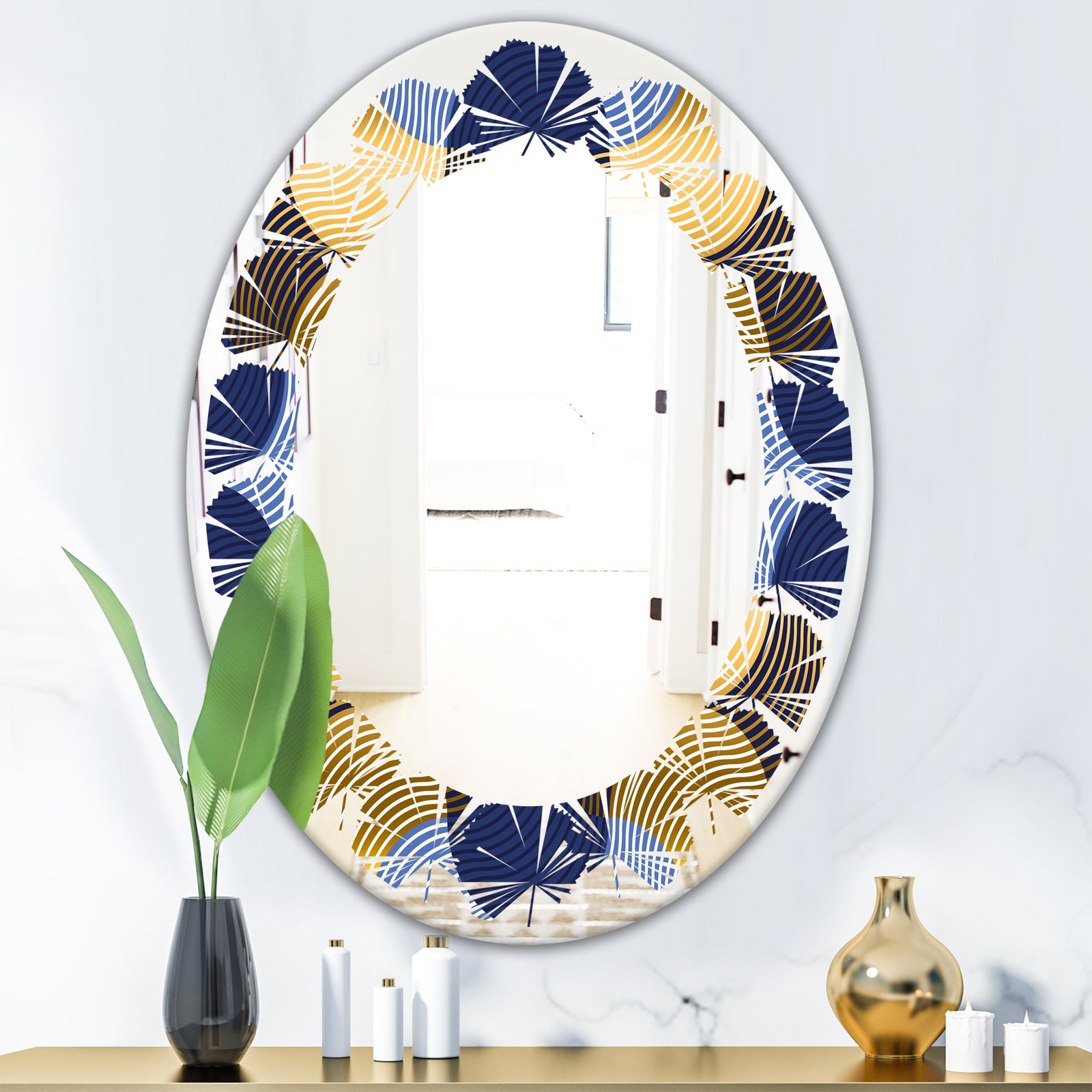 Retro Luxury Waves In Gold and Blue II - Modern Round or Oval Wall Mirror - Leaves