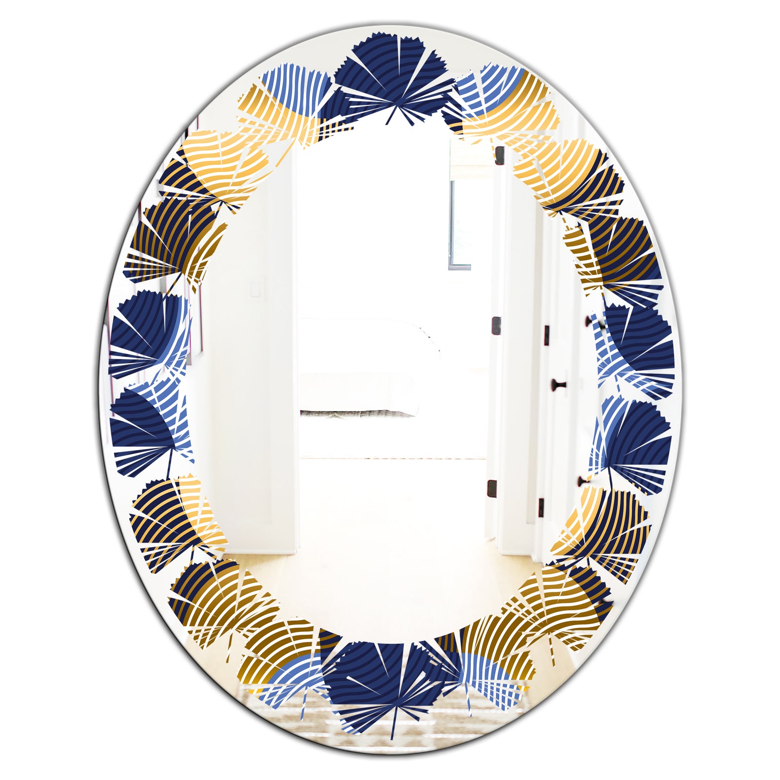 Retro Luxury Waves In Gold and Blue II - Modern Round or Oval Wall Mirror - Leaves
