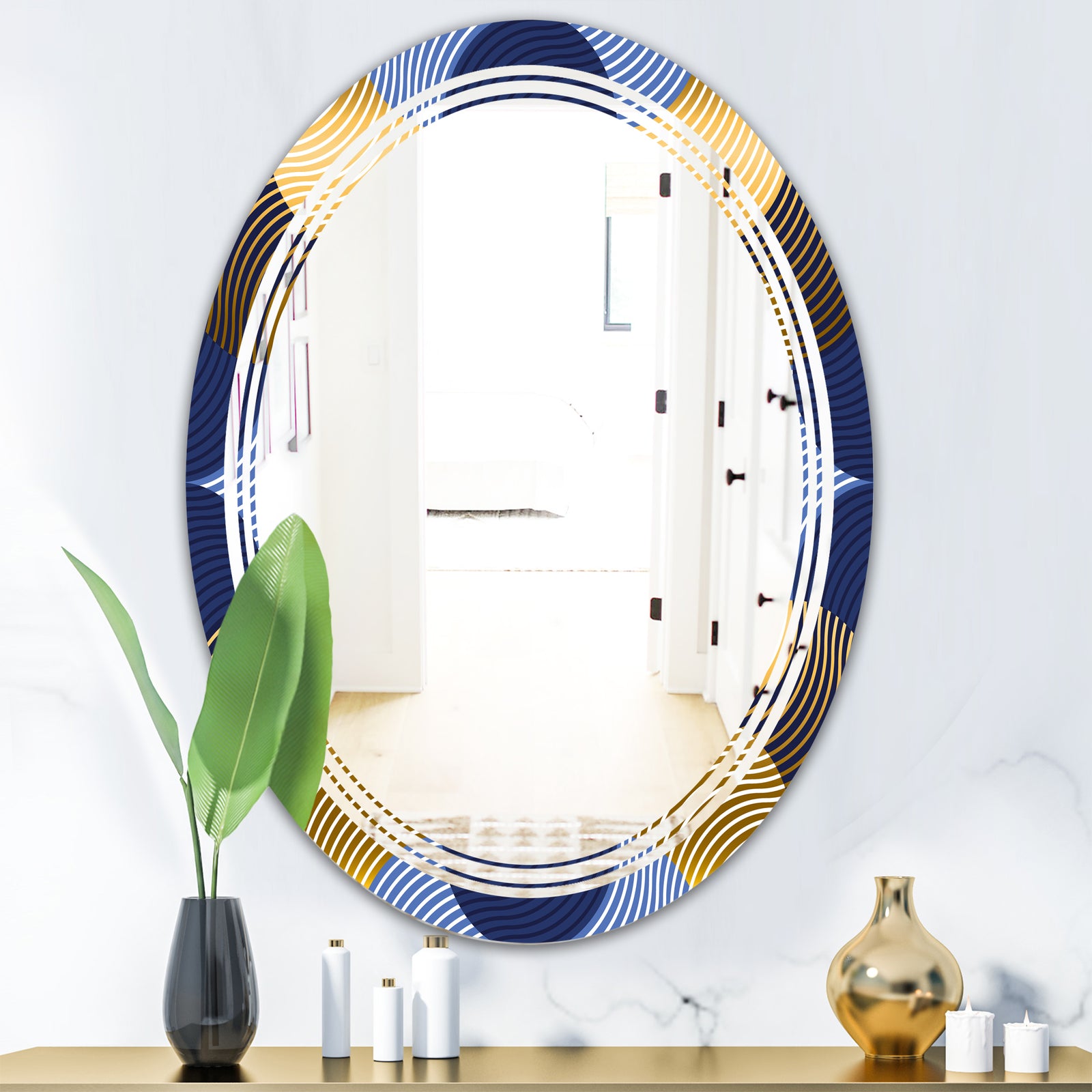 Retro Luxury Waves In Gold and Blue II - Modern Round or Oval Wall Mirror - Triple C