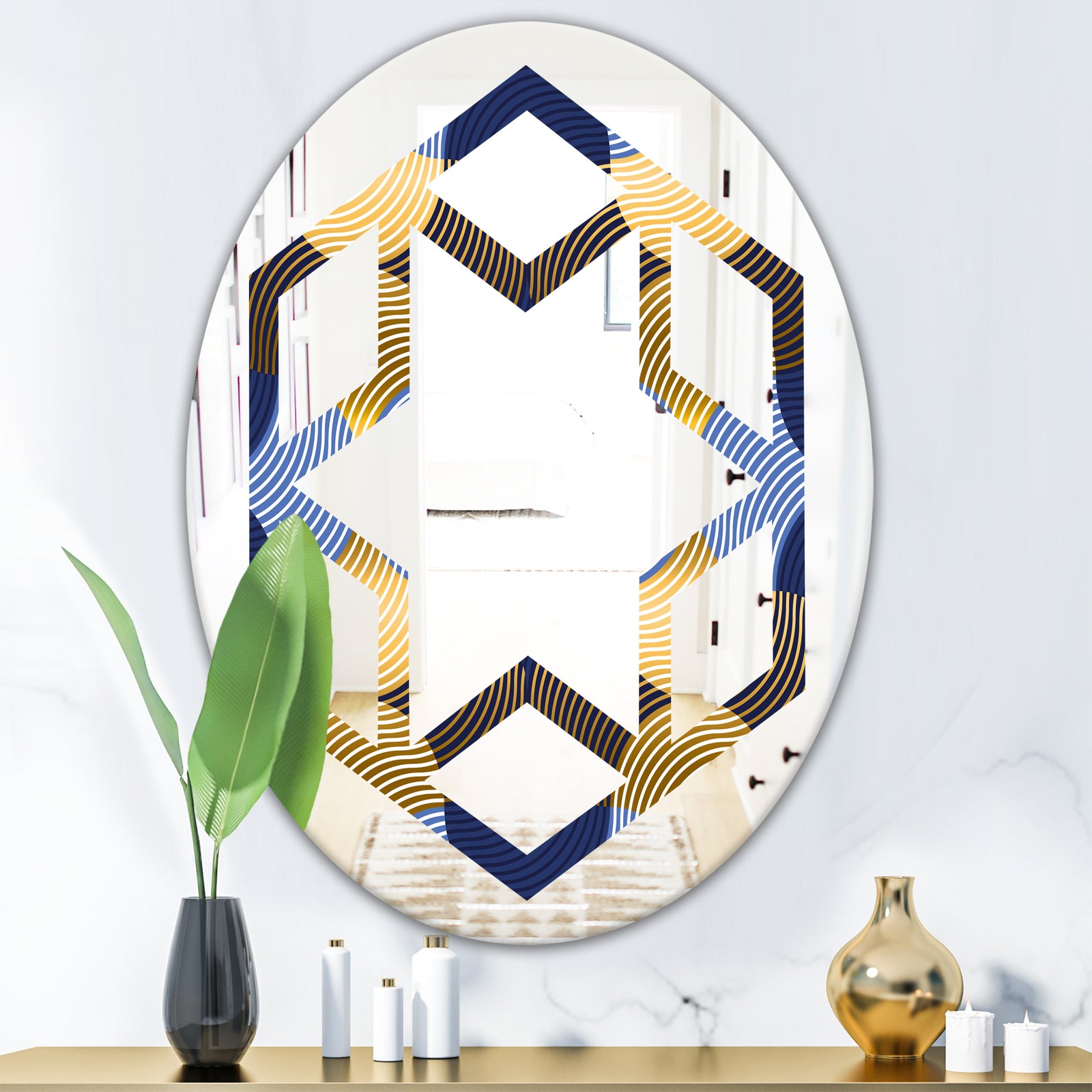Retro Luxury Waves In Gold and Blue II - Modern Round or Oval Wall Mirror - Hexagon Star