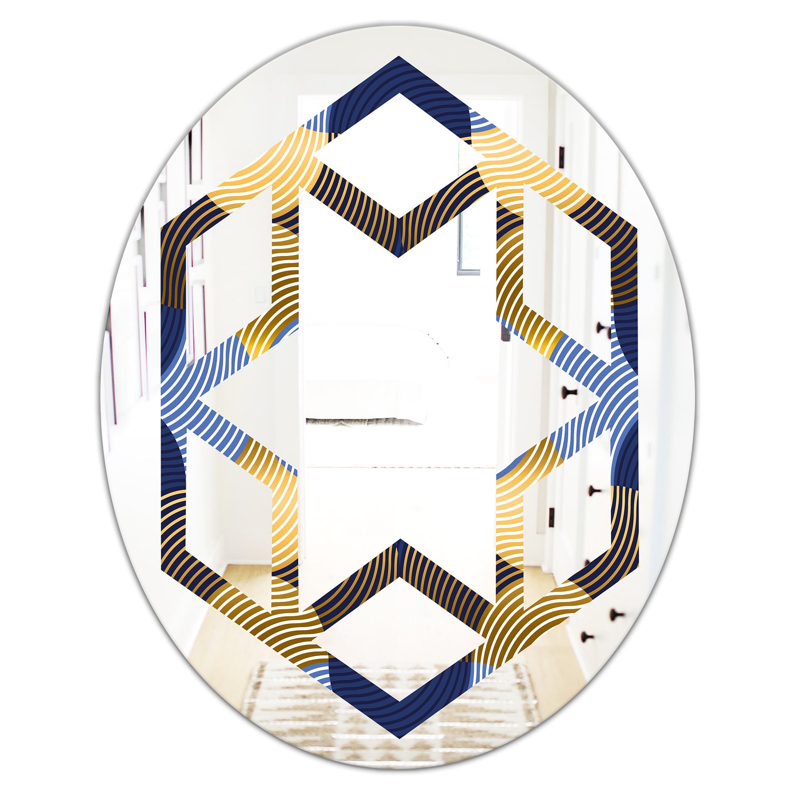 Retro Luxury Waves In Gold and Blue II - Modern Round or Oval Wall Mirror - Hexagon Star