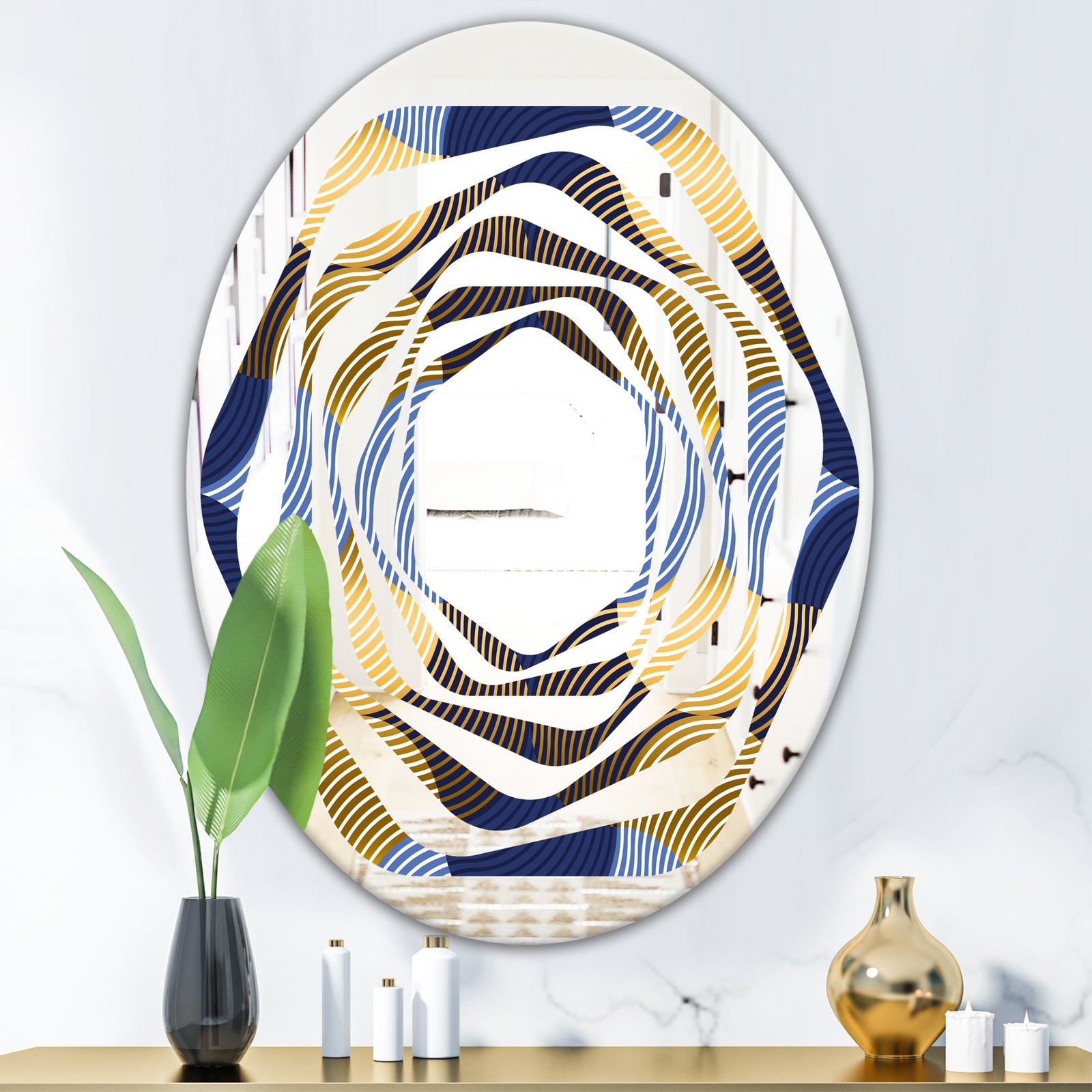 Retro Luxury Waves In Gold and Blue II - Modern Round or Oval Wall Mirror - Whirl