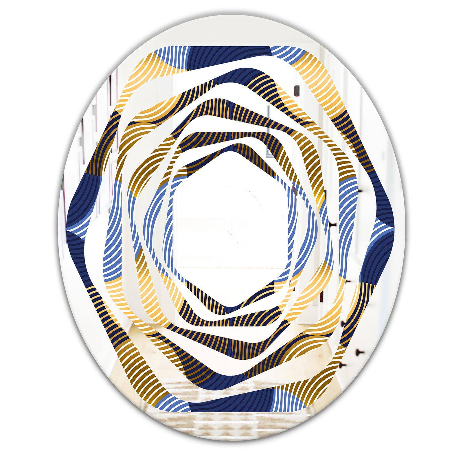 Retro Luxury Waves In Gold and Blue II - Modern Round or Oval Wall Mirror - Whirl