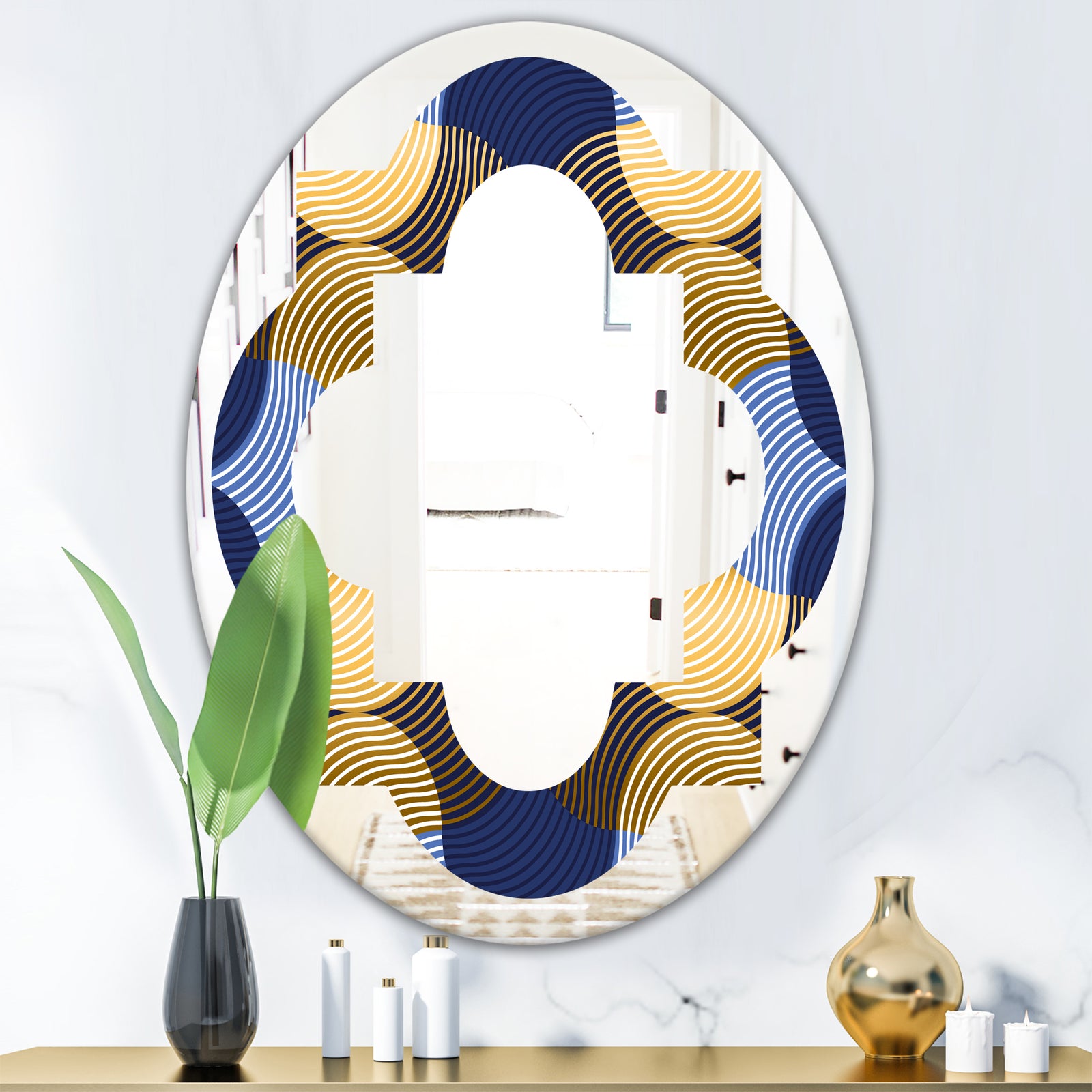 Retro Luxury Waves In Gold and Blue II - Modern Round or Oval Wall Mirror - Quatrefoil