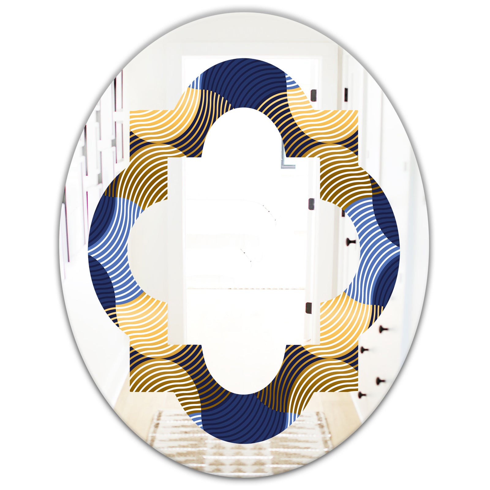 Retro Luxury Waves In Gold and Blue II - Modern Round or Oval Wall Mirror - Quatrefoil