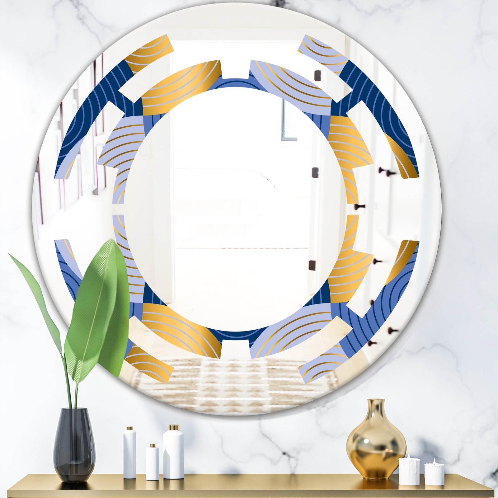 Retro Luxury Waves In Gold and Blue X - Modern Round or Oval Wall Mirror - Space