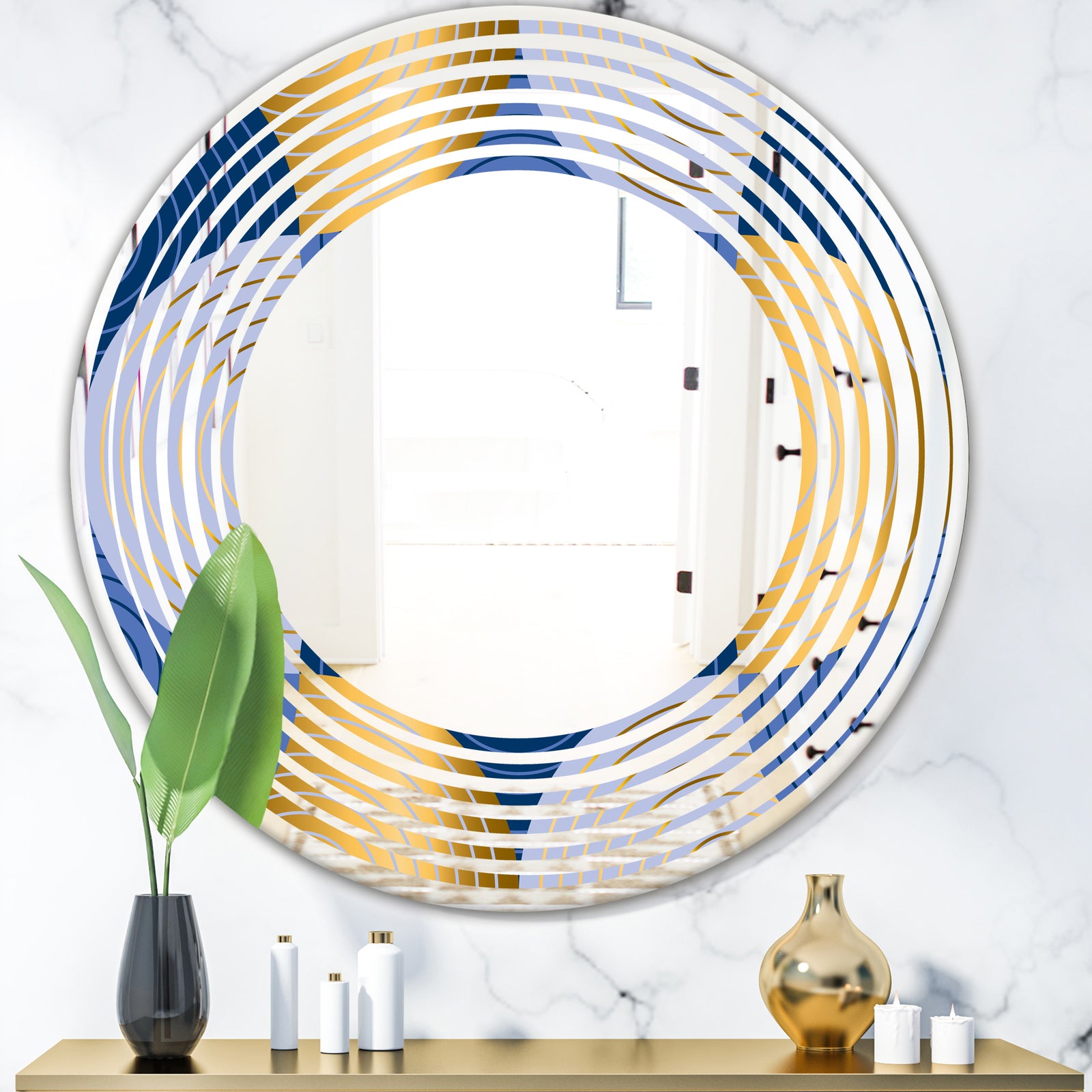 Retro Luxury Waves In Gold and Blue X - Modern Round or Oval Wall Mirror - Wave