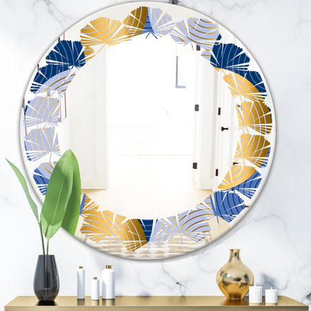 Retro Luxury Waves In Gold and Blue X - Modern Round or Oval Wall Mirror - Leaves