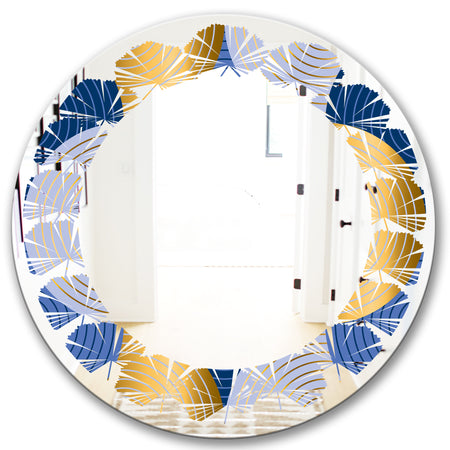 Retro Luxury Waves In Gold and Blue X - Modern Round or Oval Wall Mirror - Leaves