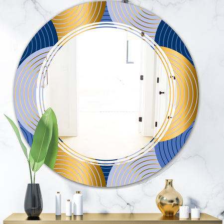 Retro Luxury Waves In Gold and Blue X - Modern Round or Oval Wall Mirror - Triple C