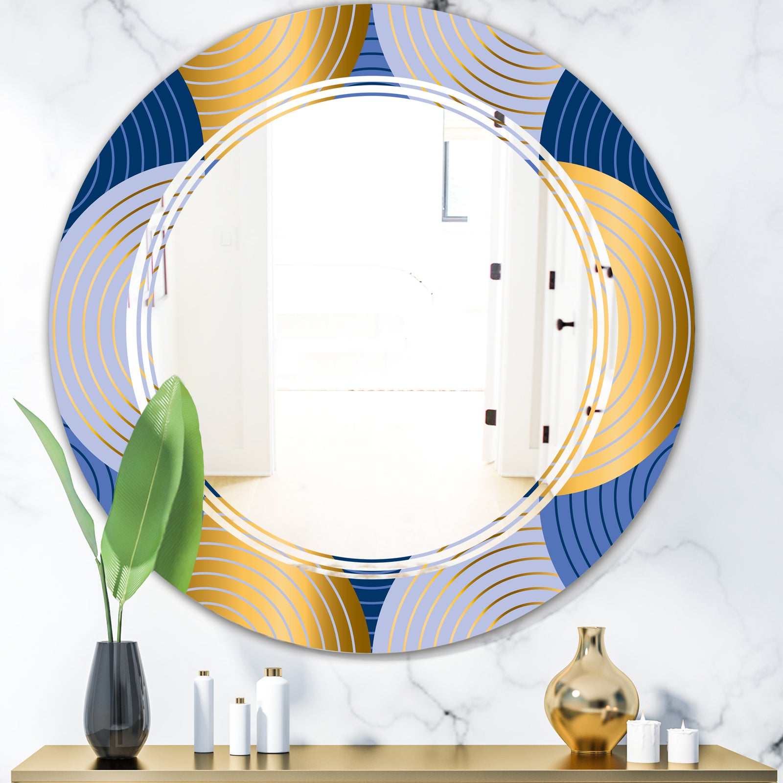 Retro Luxury Waves In Gold and Blue X - Modern Round or Oval Wall Mirror - Triple C