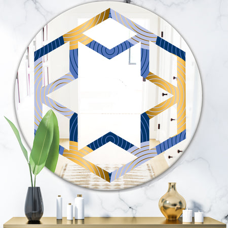 Retro Luxury Waves In Gold and Blue X - Modern Round or Oval Wall Mirror - Hexagon Star