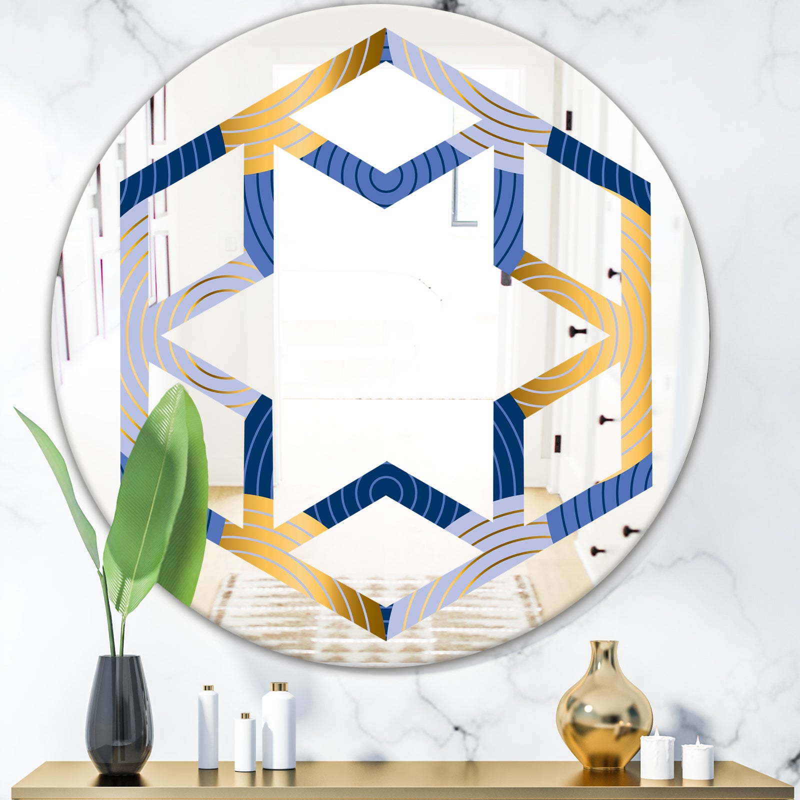 Retro Luxury Waves In Gold and Blue X - Modern Round or Oval Wall Mirror - Hexagon Star