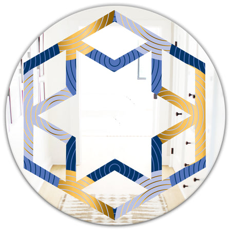 Retro Luxury Waves In Gold and Blue X - Modern Round or Oval Wall Mirror - Hexagon Star