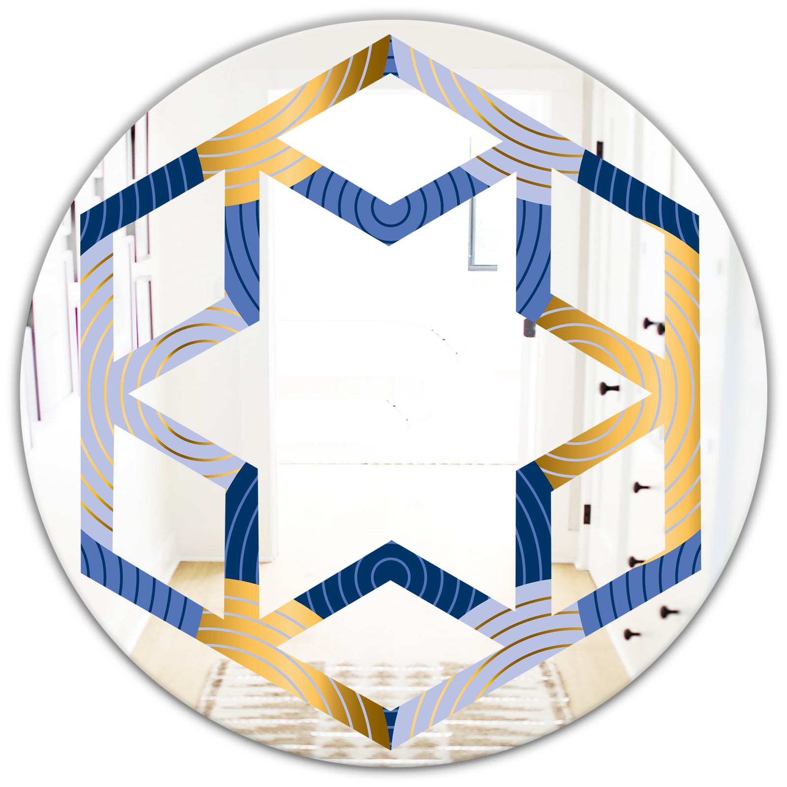 Retro Luxury Waves In Gold and Blue X - Modern Round or Oval Wall Mirror - Hexagon Star