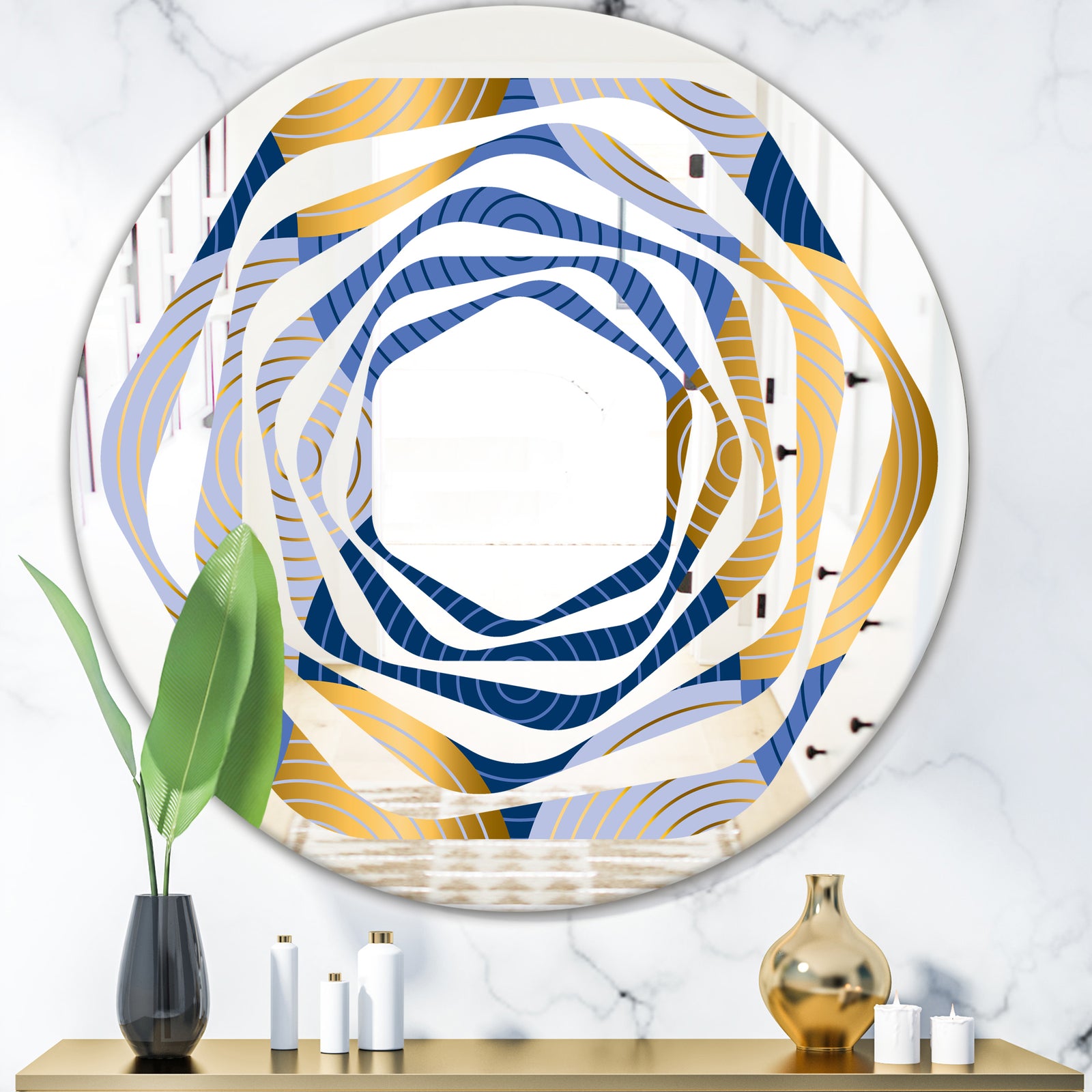 Retro Luxury Waves In Gold and Blue X - Modern Round or Oval Wall Mirror - Whirl