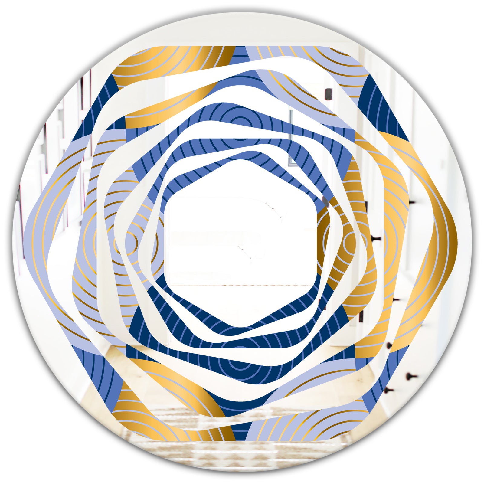 Retro Luxury Waves In Gold and Blue X - Modern Round or Oval Wall Mirror - Whirl