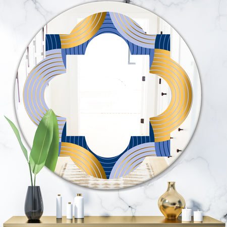 Retro Luxury Waves In Gold and Blue X - Modern Round or Oval Wall Mirror - Quatrefoil