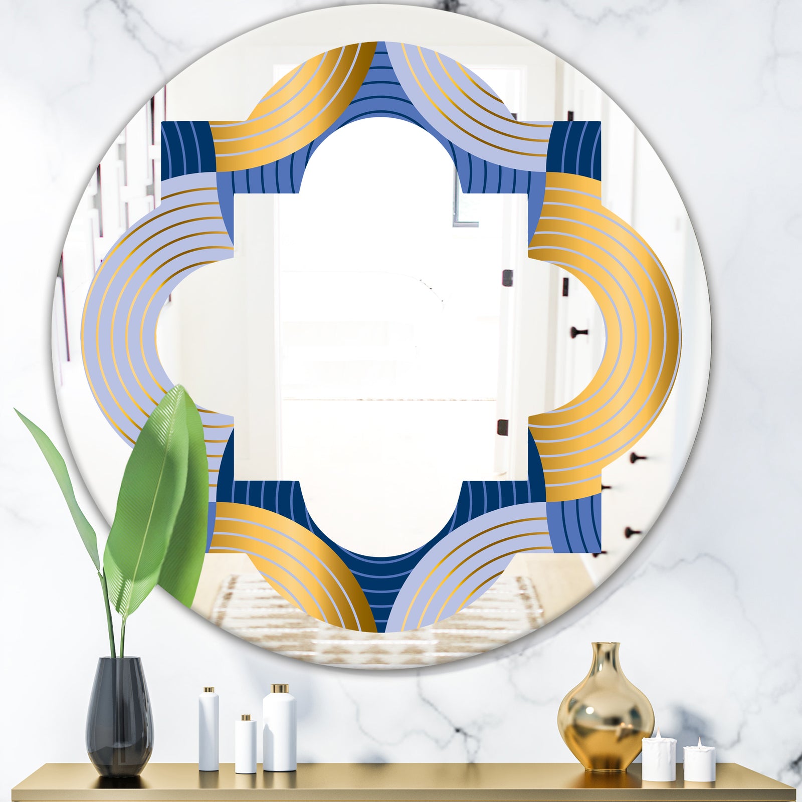Retro Luxury Waves In Gold and Blue X - Modern Round or Oval Wall Mirror - Quatrefoil