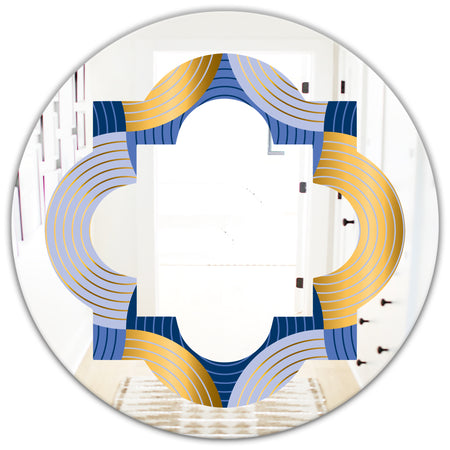 Retro Luxury Waves In Gold and Blue X - Modern Round or Oval Wall Mirror - Quatrefoil