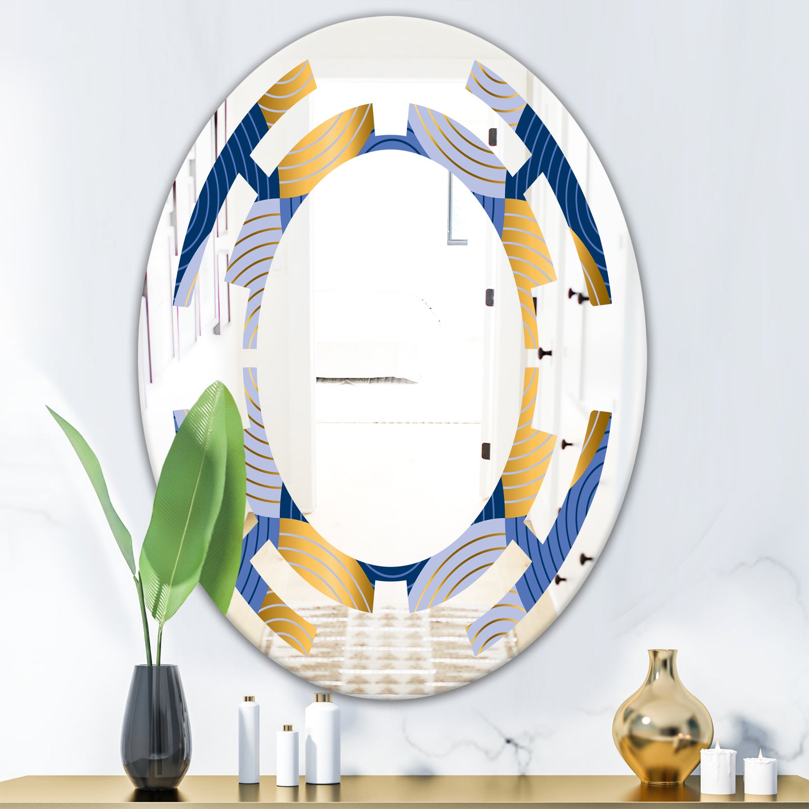 Retro Luxury Waves In Gold and Blue X - Modern Round or Oval Wall Mirror - Space