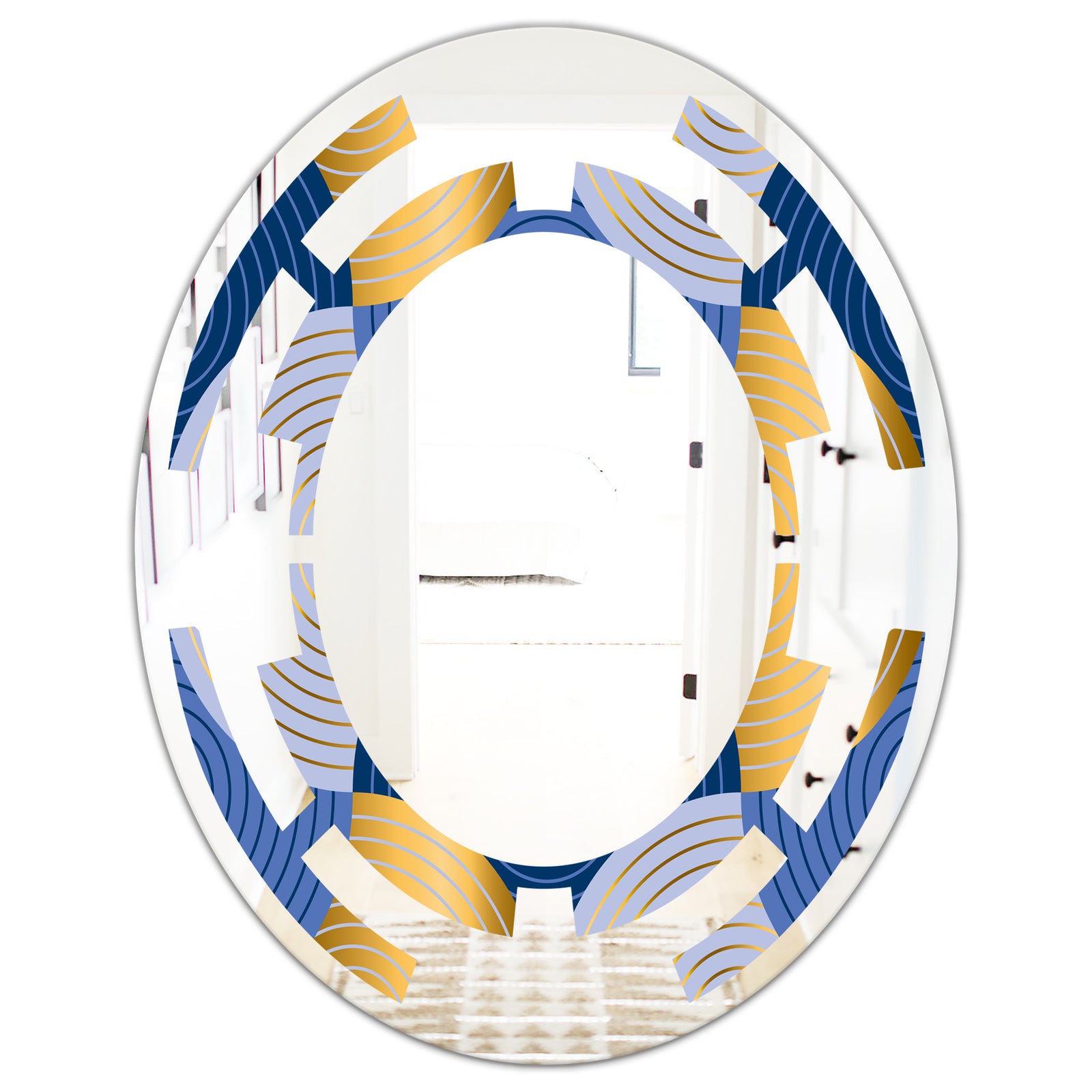 Retro Luxury Waves In Gold and Blue X - Modern Round or Oval Wall Mirror - Space