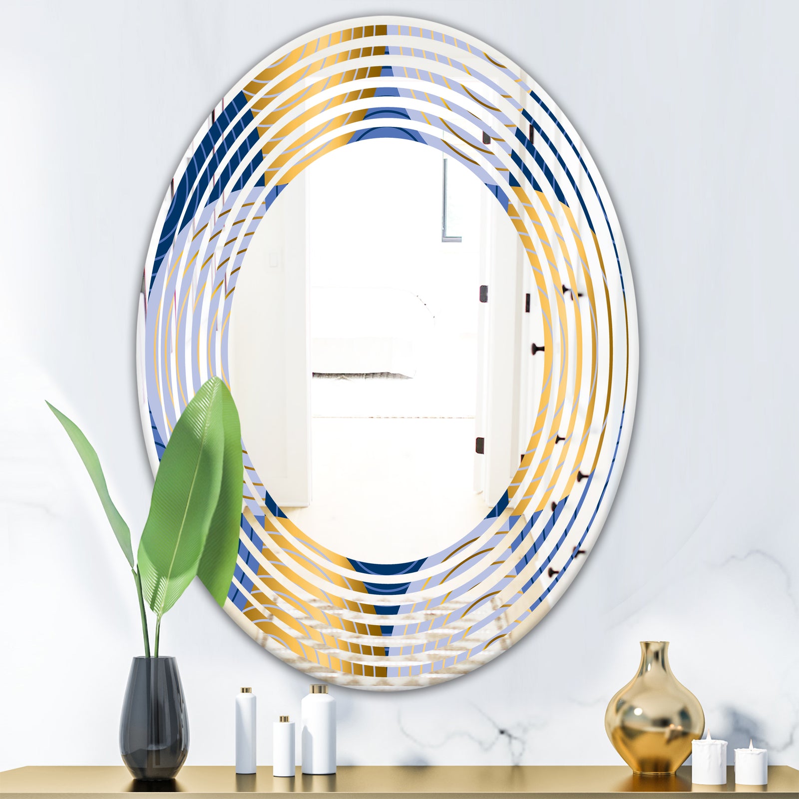 Retro Luxury Waves In Gold and Blue X - Modern Round or Oval Wall Mirror - Wave